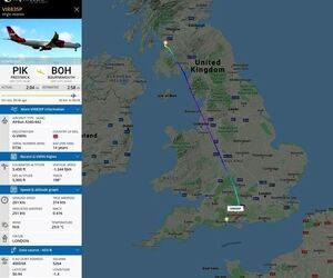 هواپیمای A340 ویرجین‌آتلانتیک در حال حرکت به سمت فرودگاه Bournemouth برای زمینگیری