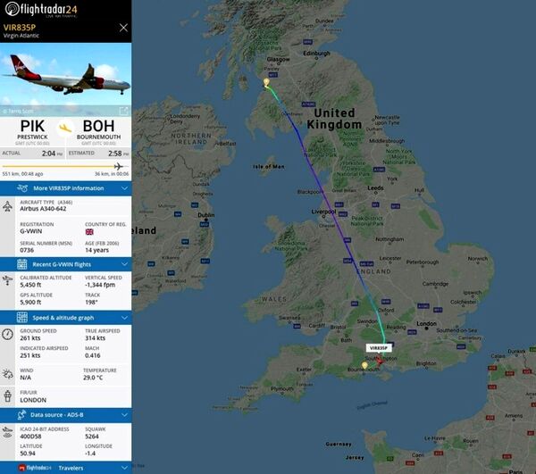 هواپیمای A340 ویرجین‌آتلانتیک در حال حرکت به سمت فرودگاه Bournemouth برای زمینگیری